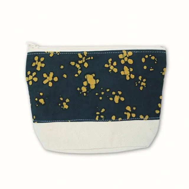 Tribu Indigo Dabu fleurs pochette tissu 18x15 coton bio